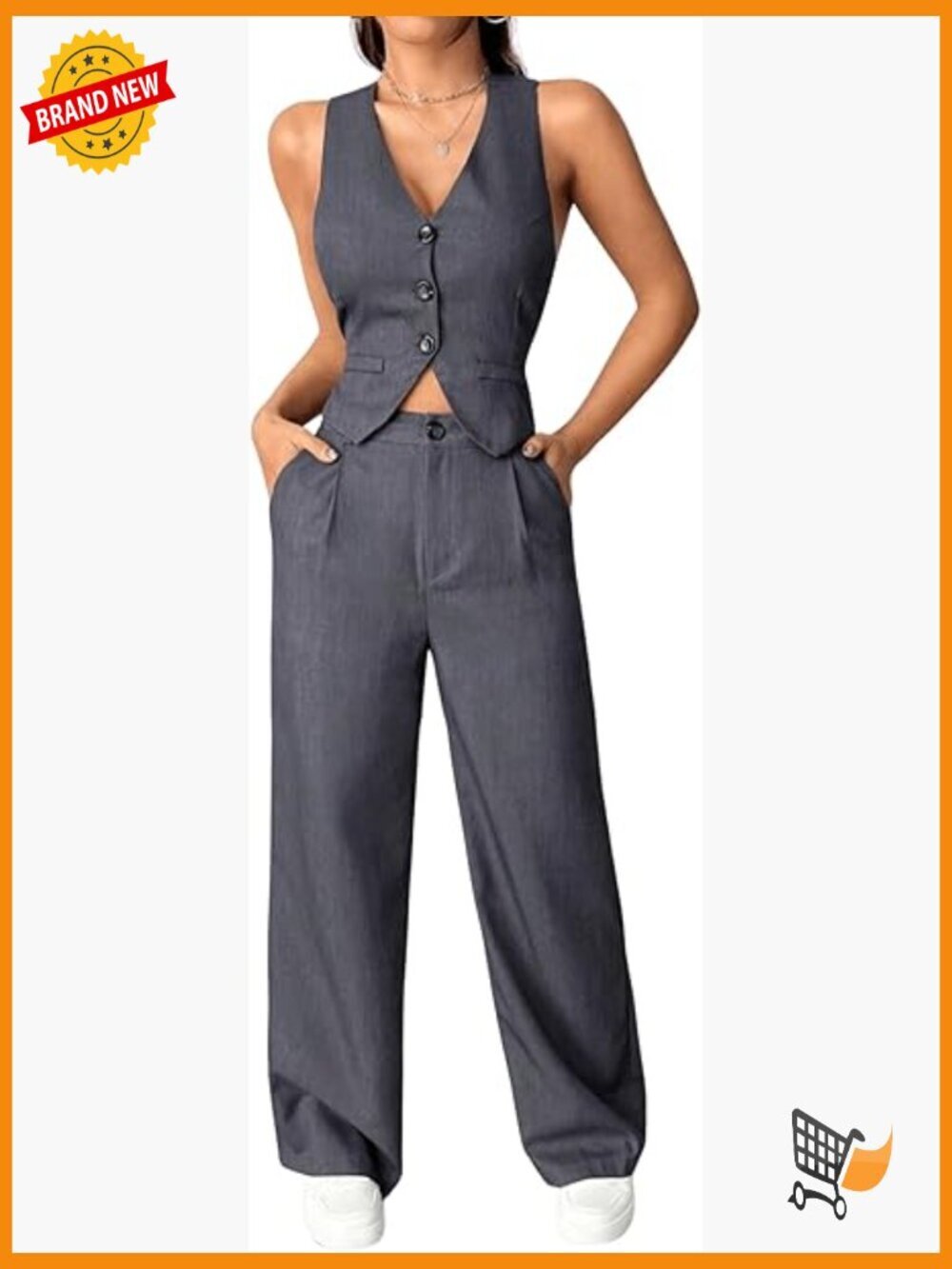 Sleeveless V Neck Cross Back Blazer & Pants Suit Set - Size Large